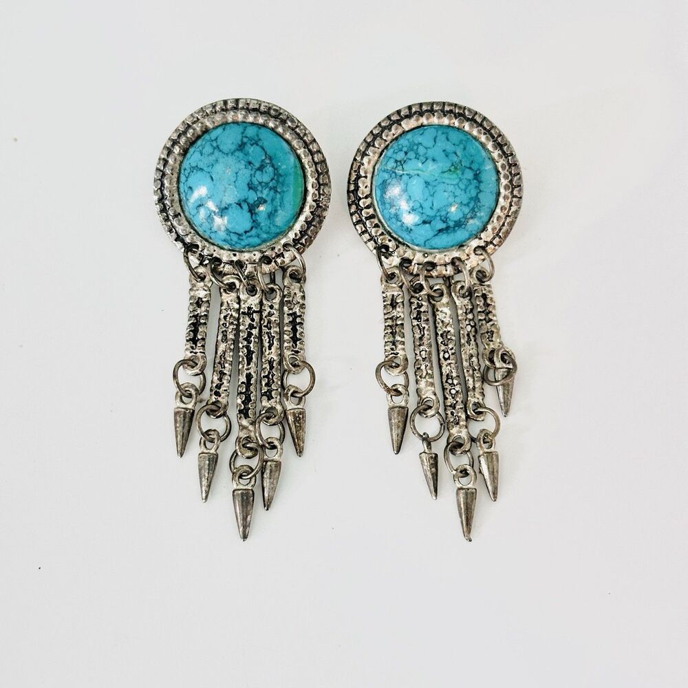 Vintage 90’s Silver Turquoise Chandelier Dangle Earrings Western Southwestern - Picture 2 of 6